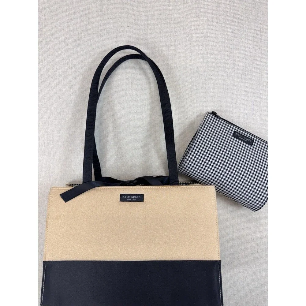 Kate Spade New York Gold Black Tote Bag & Gingham Zip Pouch Bow Canvas Large